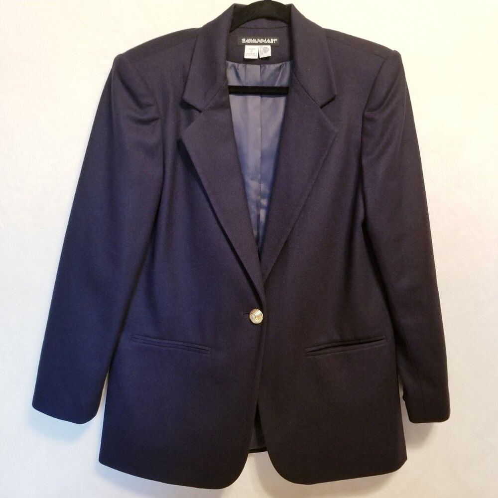 Vintage Savannah 6 Blazer Jacket Navy Gold Button 100% Wool Classic Business